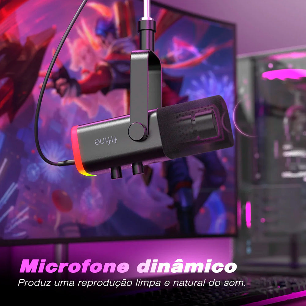 Microfone Fifine AM8 Dinâmico Xlr/USB Para Podcasts, Transmissão De Jogos, RGB, Conector P2 , Suporte De Mesa, Preto